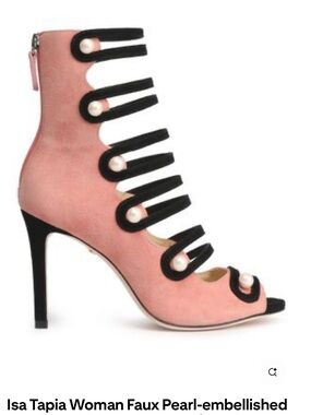 Isa Tapia Pink Suede Pearl‑Embellished High Heel Sandals